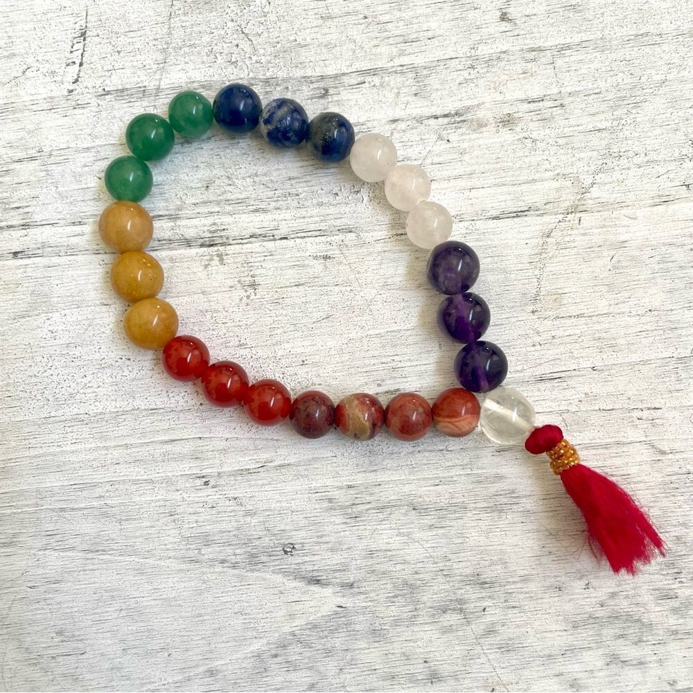 Chakra natural stones bracelet with red tassel